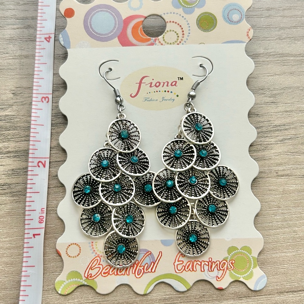 NWT Fiona Silver Tone Blue Rhinestone Chandelier Earrings Boho Statement - Picture 5 of 5